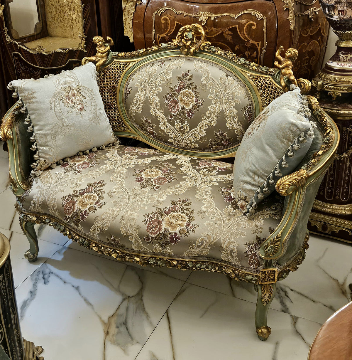 Cherub Elegance – French Rococo Loveseat with Gray Floral Damask Upholstery & Ornate Gold Leaf Frame
