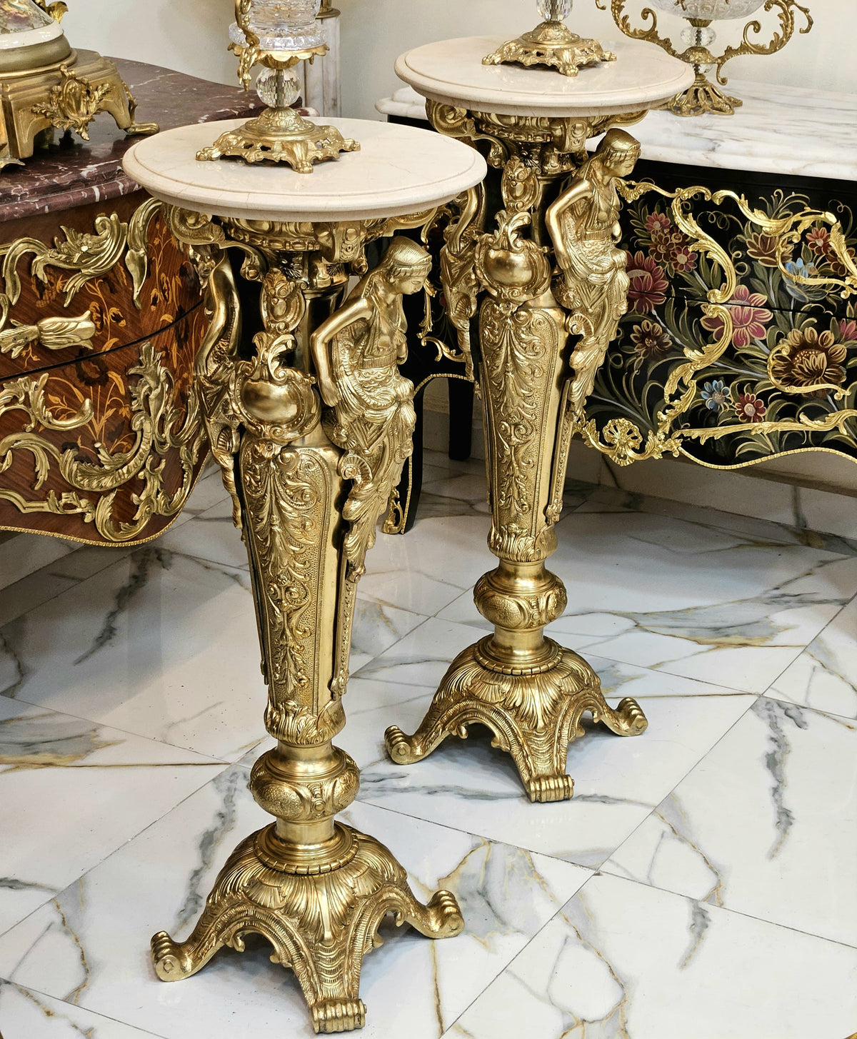 The Gilded Muses – Hand-Carved Pedestal with Sculpted Female Figures & Marble Top