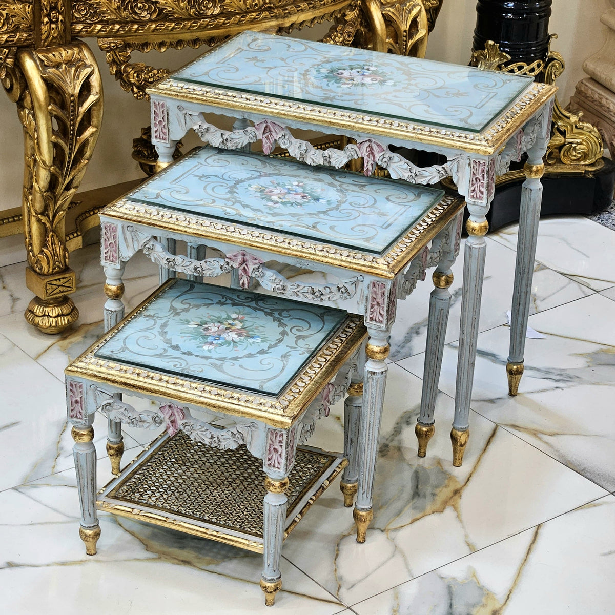 Azure Elegance – Set of 3 French-Inspired Nesting Tables with Glass Tops & Ornate Gold Leaf Details