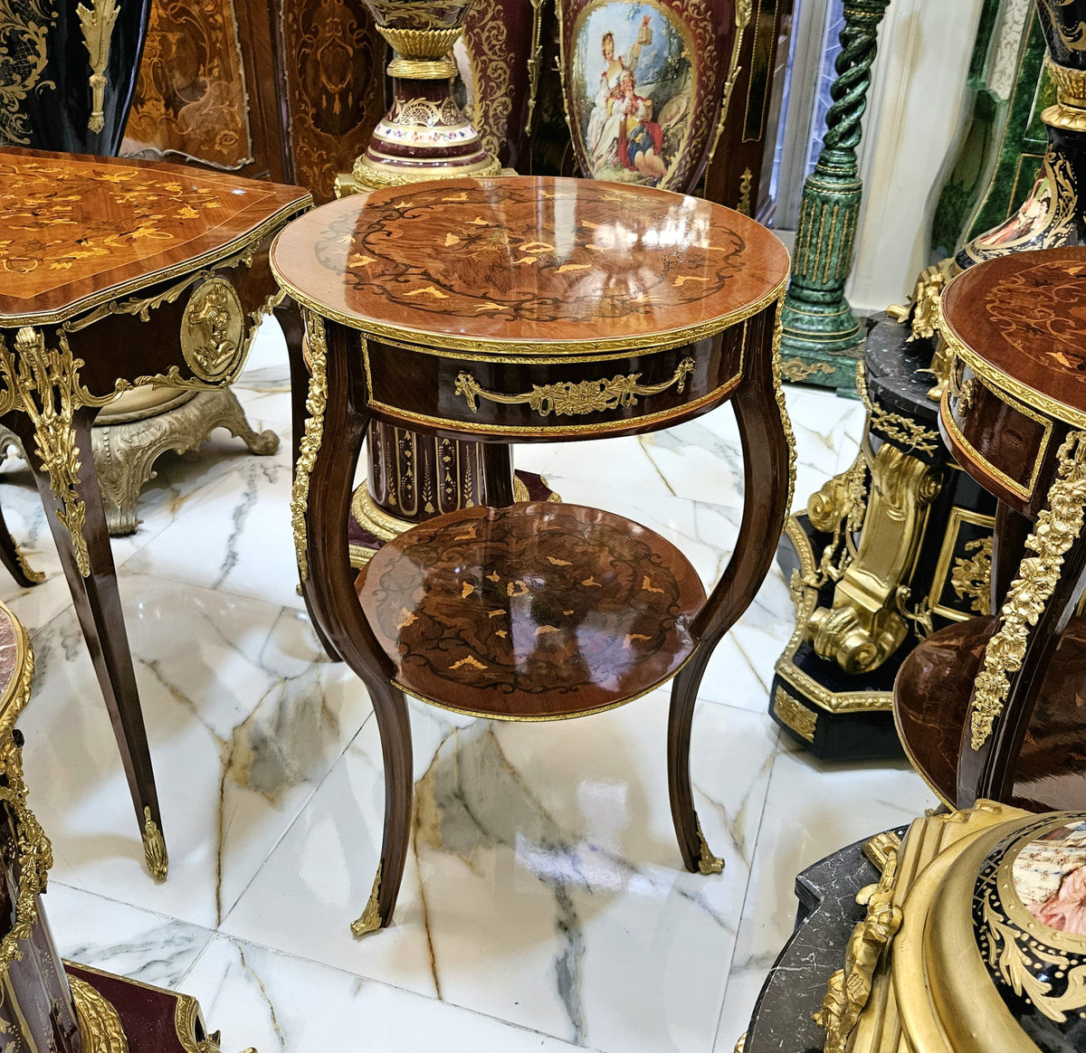 Copper Allure – French-Inspired Wooden Side Table with Radiant Gold Leaf Accents & Elegant Curved Details