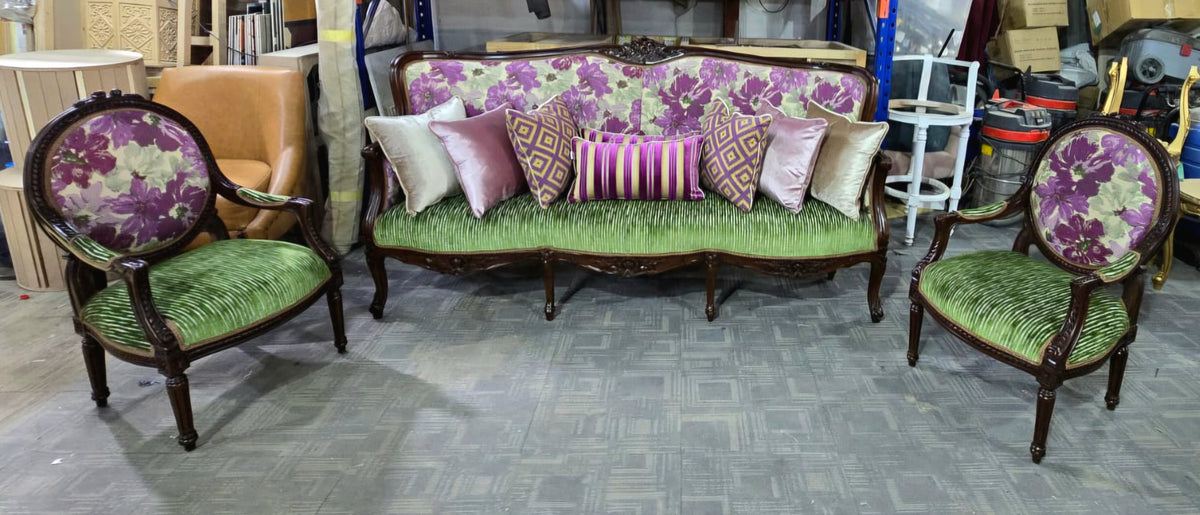 The Violet Garden Collection – French Louis XV-Style Sofa & Two Floral Velvet Armchairs with Carved Wood Frames