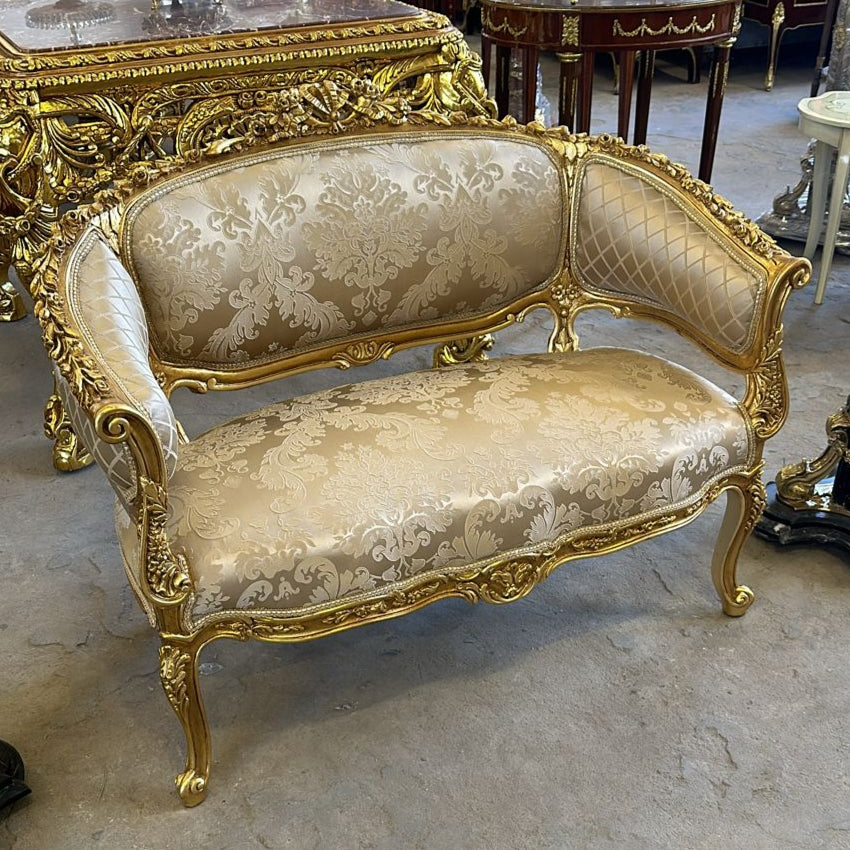 Vintage French Rococo Style Settee – Beige Upholstered Sofa with Gold Leaf Details