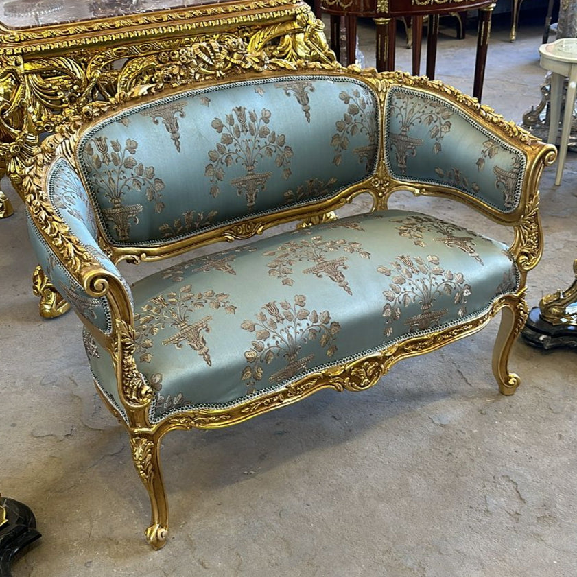Vintage French Rococo Style Settee – Sky Blue Damask Sofa with Gold Leaf Details
