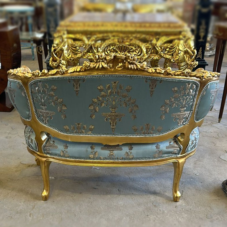 Vintage French Rococo Style Settee – Sky Blue Damask Sofa with Gold Leaf Details