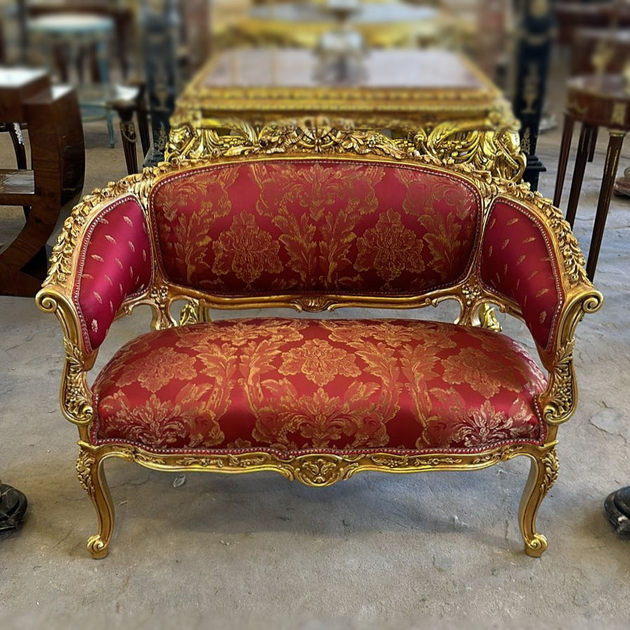 Vintage French Rococo Style Settee – Wine Red Damask Sofa with Gold Leaf Details