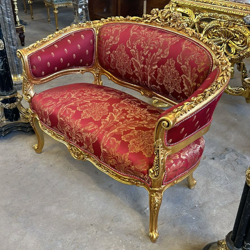 Vintage French Rococo Style Settee – Wine Red Damask Sofa with Gold Leaf Details