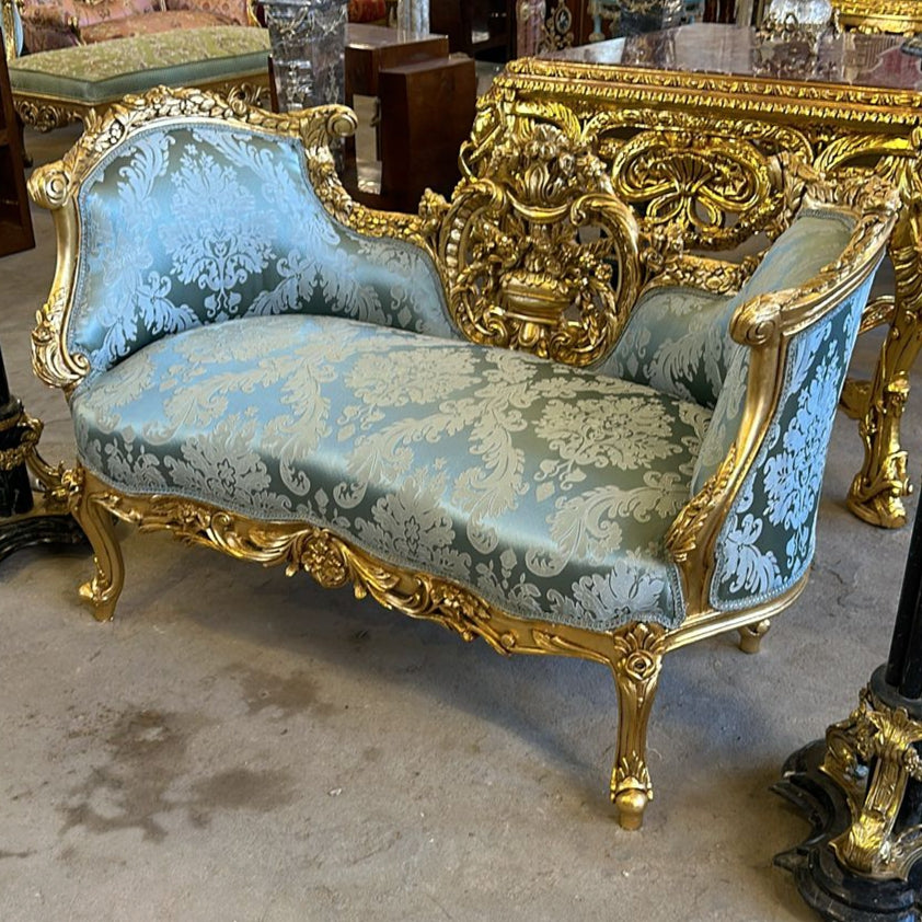 Vintage French Baroque Style Small Settee – Blue Damask Sofa with Gold Leaf Details