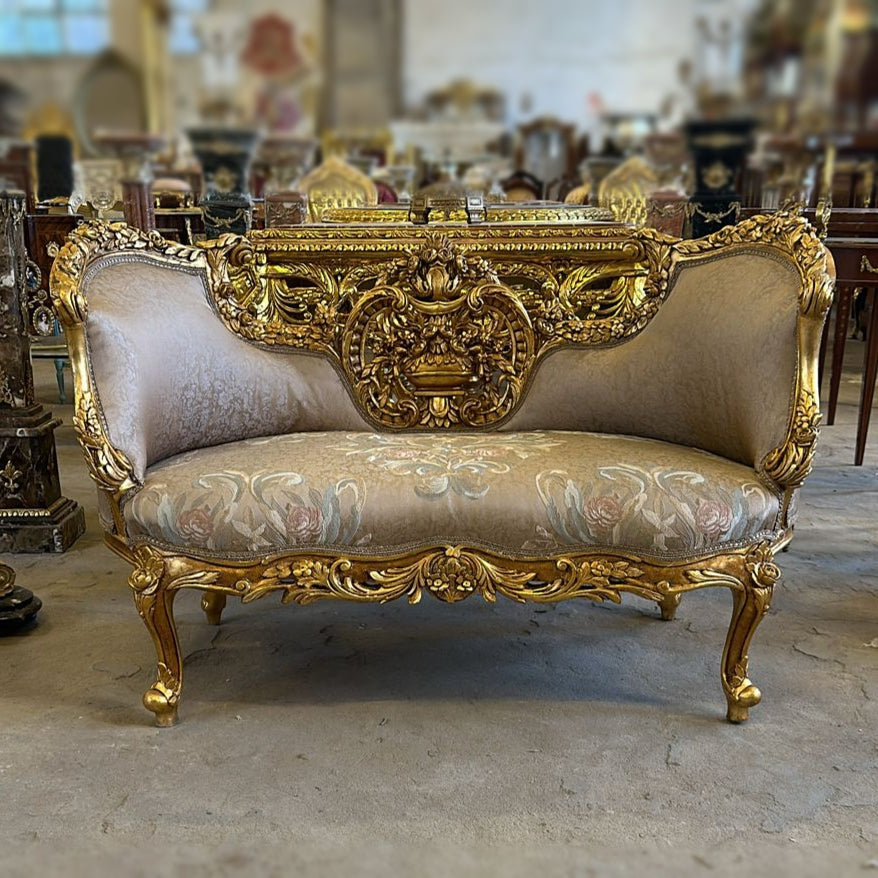 Vintage French Baroque Style Small Settee – Light Brown Damask Sofa with Gold Leaf Details