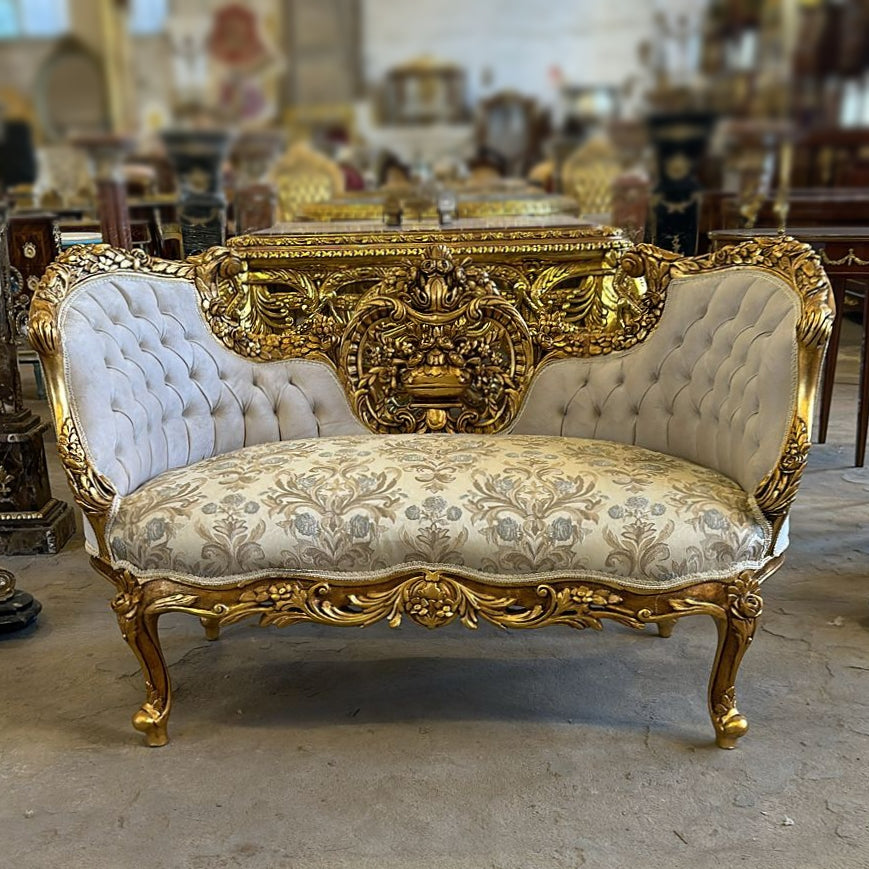 Vintage French Baroque Style Small Settee – Off-White Damask Sofa with Gold Leaf Details