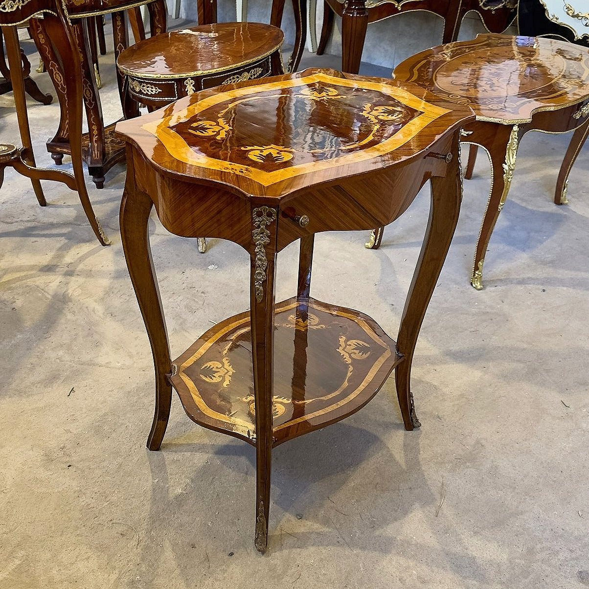 French Style Marquetry Side Table – Bedside Table with Gold Leaf Details & Single Drawer