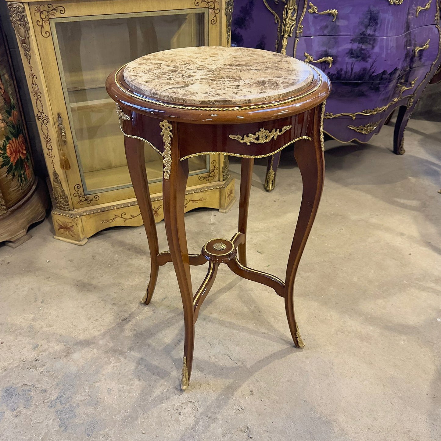 Beige Marble Top French Side Table – Brown Wood Design with Gold Accents