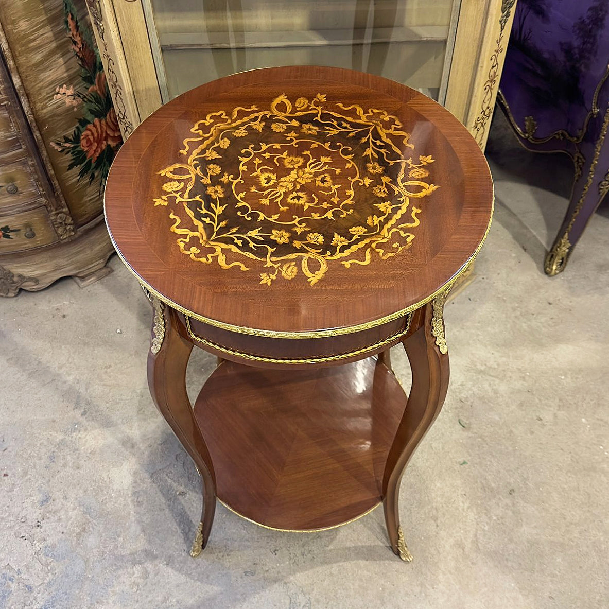 French Louis XVI Style Side Table – Walnut Wood Accent Furniture with Gold Leaf Details