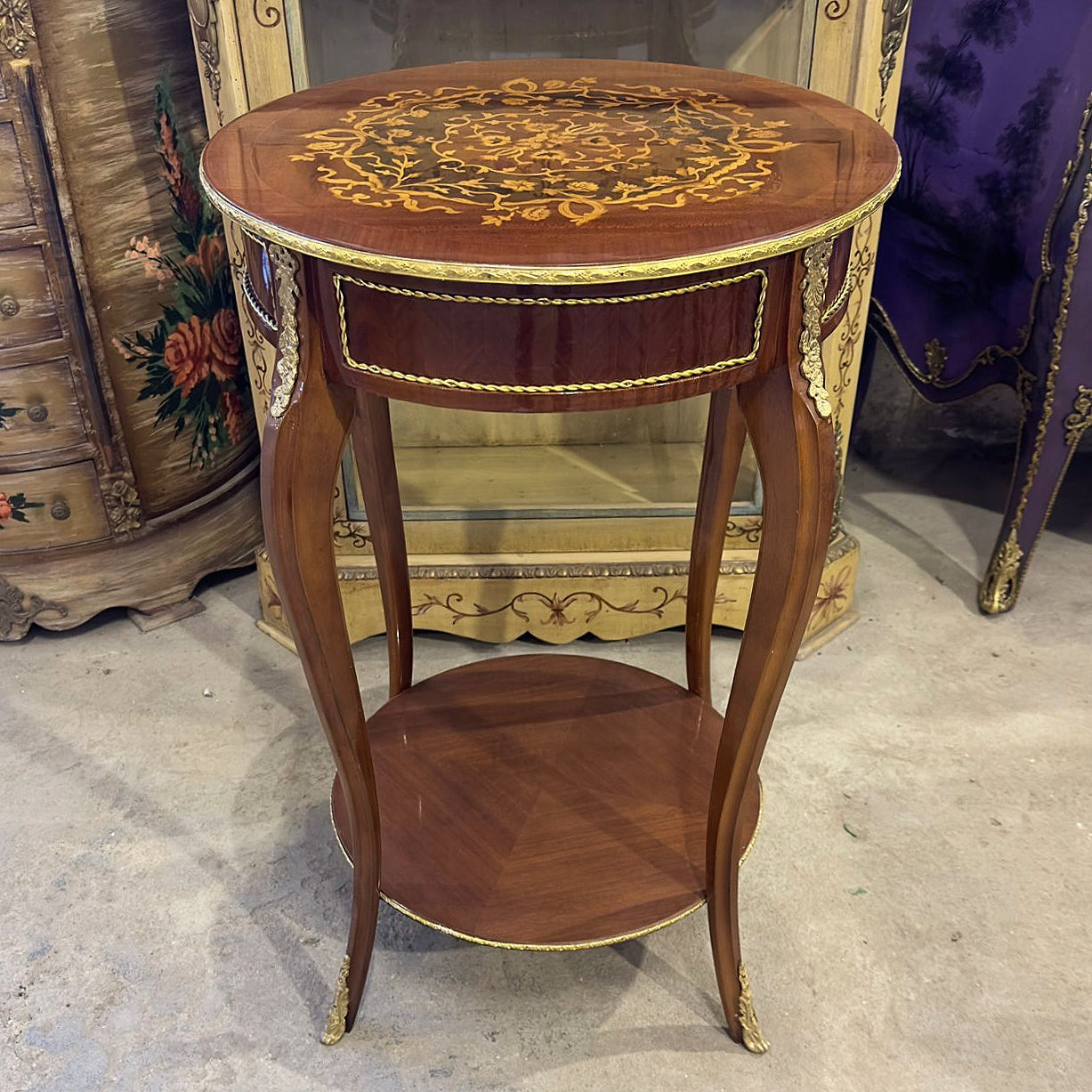 French Louis XVI Style Side Table – Walnut Wood Accent Furniture with Gold Leaf Details