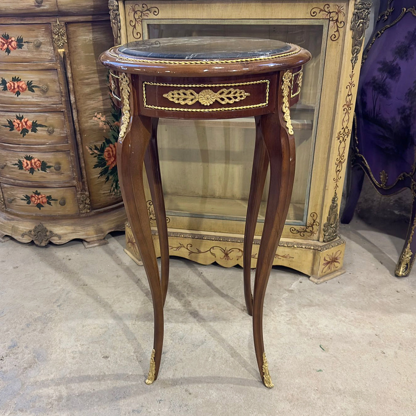 French Style Side Table – Brown Wood Frame, Black Marble Top with Gold Details