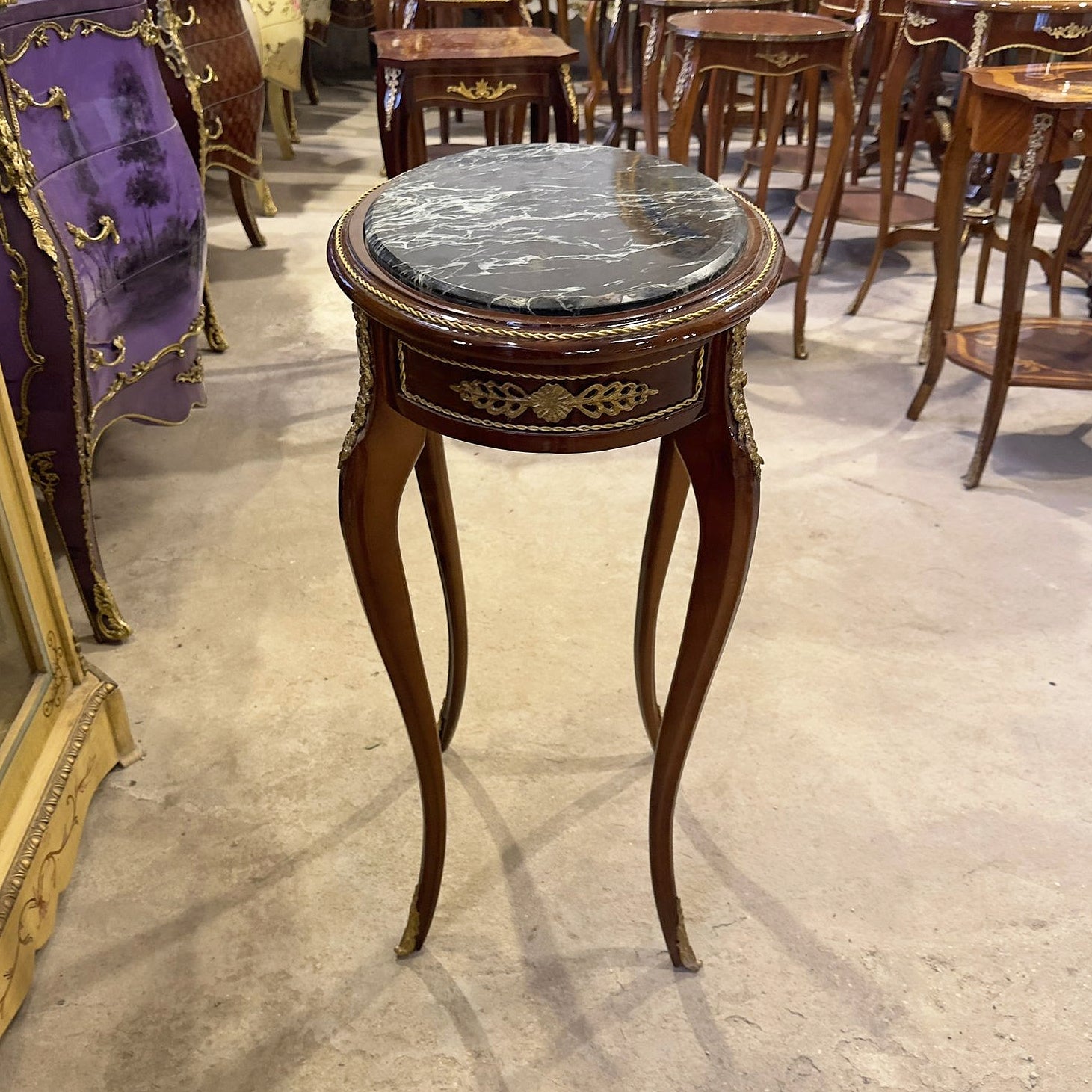 French Style Side Table – Brown Wood Frame, Black Marble Top with Gold Details