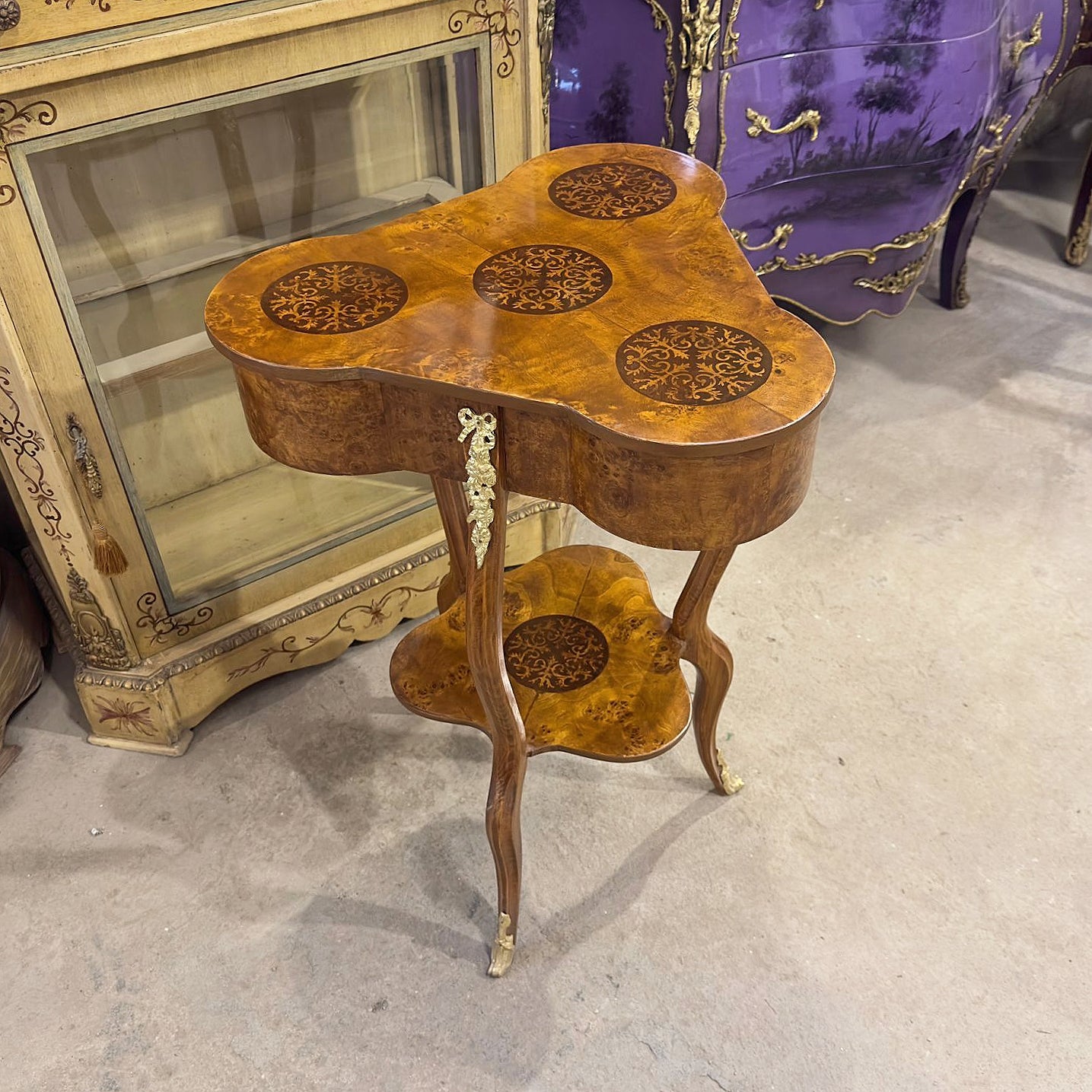 Louis XV Style French Trefoil Side Table – Wood with Gold Accents, Elegant Design (Pre-Order)