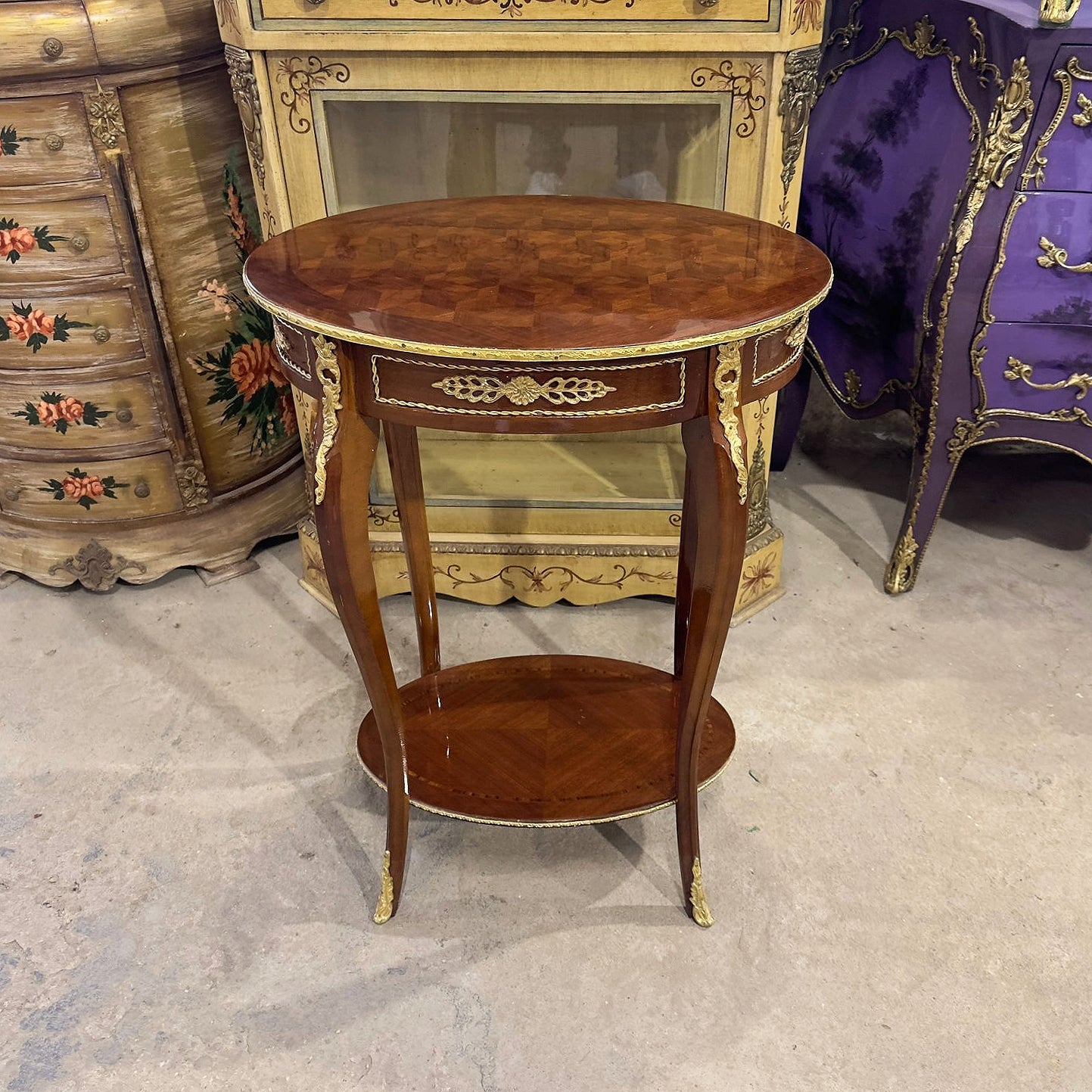 French Louis XVI Style Side Table Pair – Walnut Wood with Gold Accents, Elegant Design (Pre-Order)