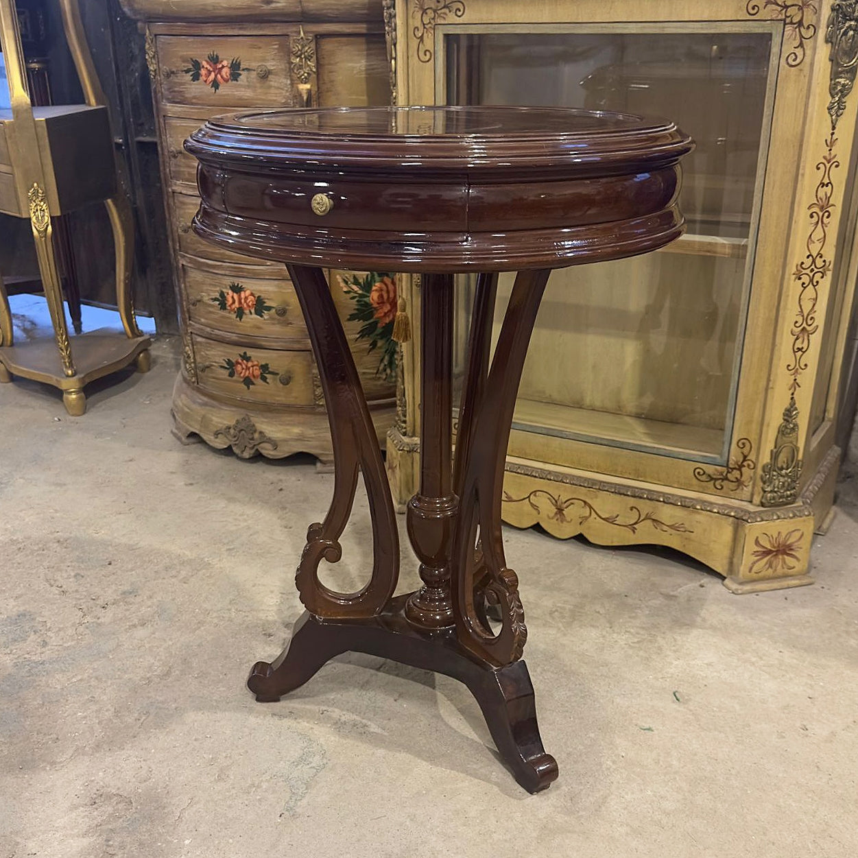 Louis XV Style French Bedside Table – Marquetry Wood with Gold Accents, Elegant Design