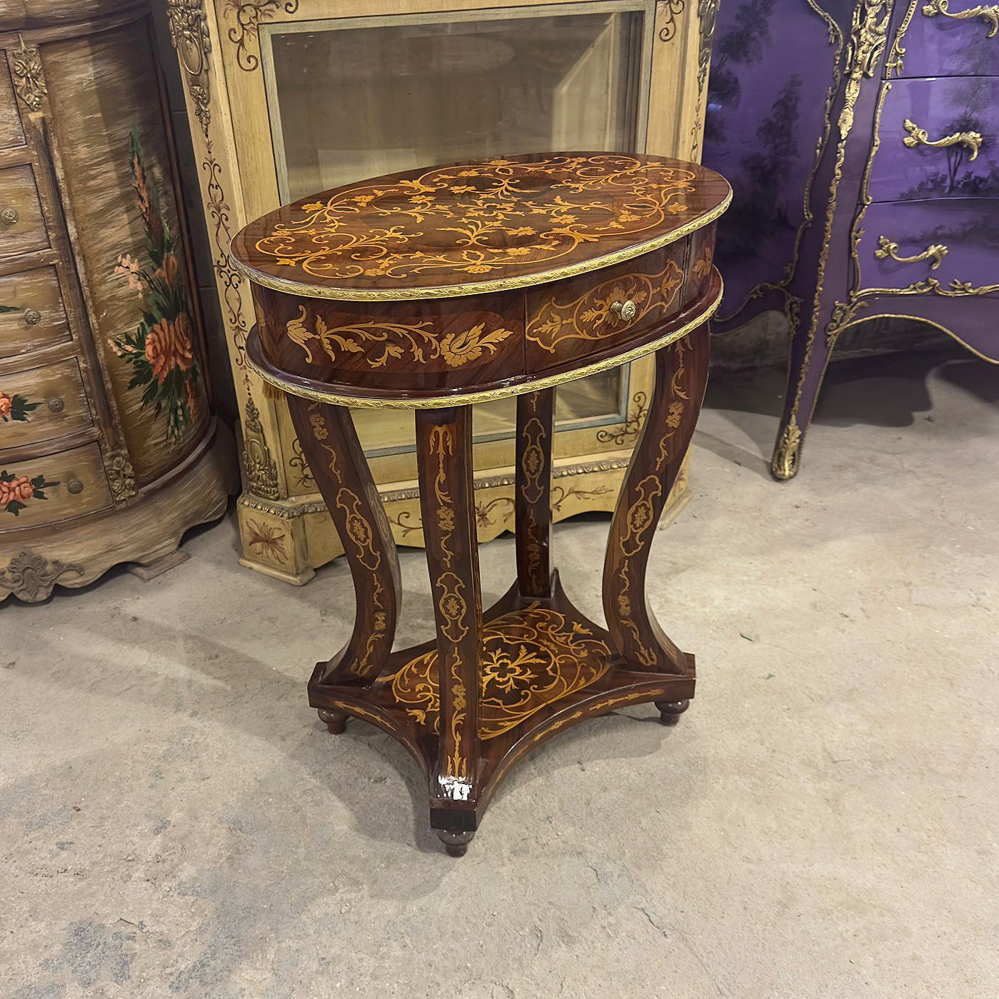 Baroque Style French Bedside Table – Marquetry Wood with Gold Accents, Elegant Design