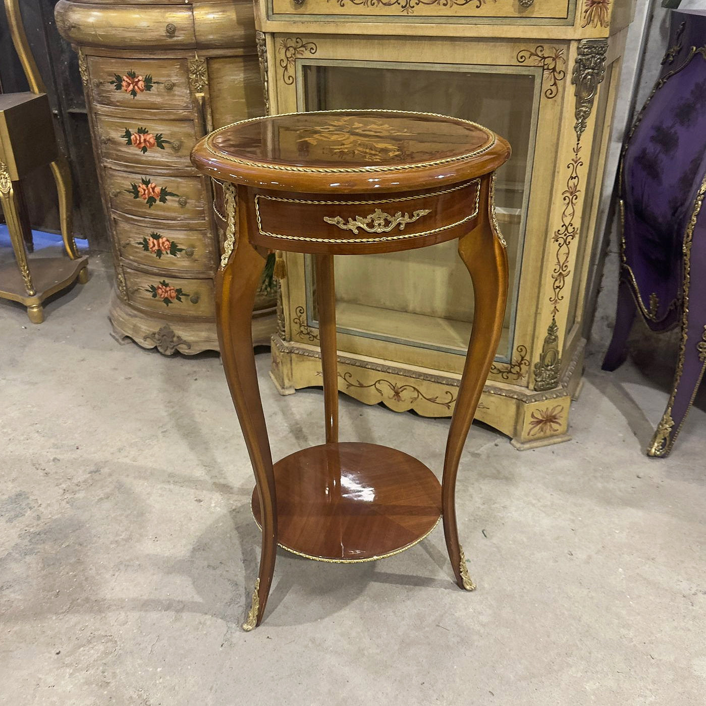 French Louis XVI Style Side Table – Walnut Wood with Gold Accents, Elegant Design (Pre-Order)