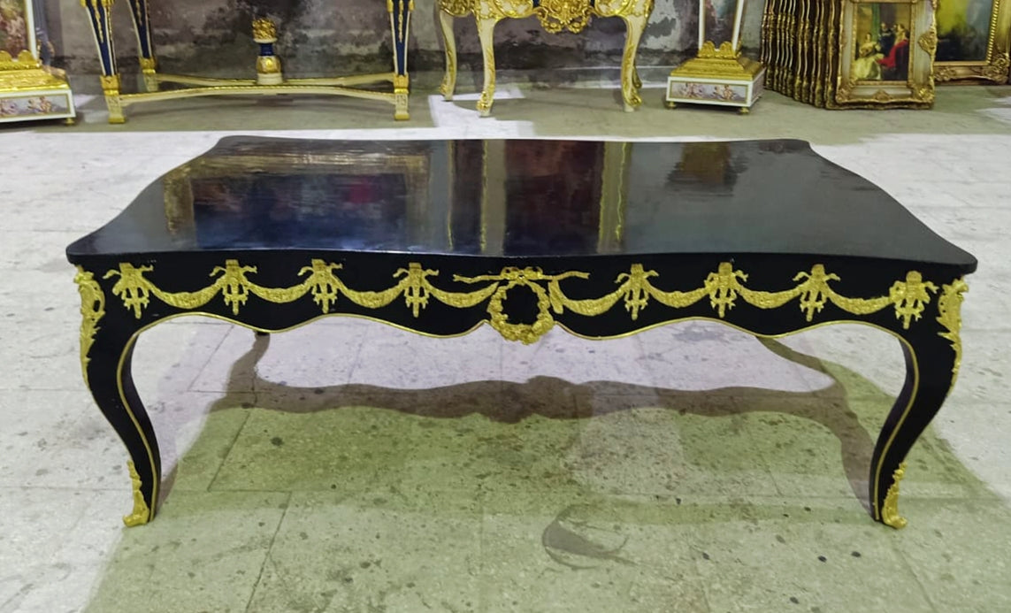 French Style Black Wooden Coffee Table – Gold Leaf Details