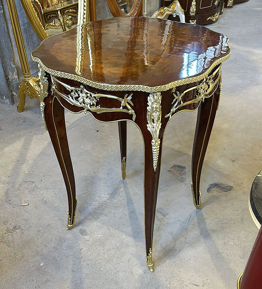 Louis XV Style French Bedside Table – Marquetry Wood with Gold Leaf, Elegant Design (Pre-Order)