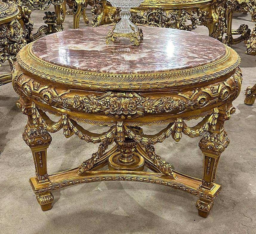 French Victorian Marble Top Center Table – Ornate Gold Finish