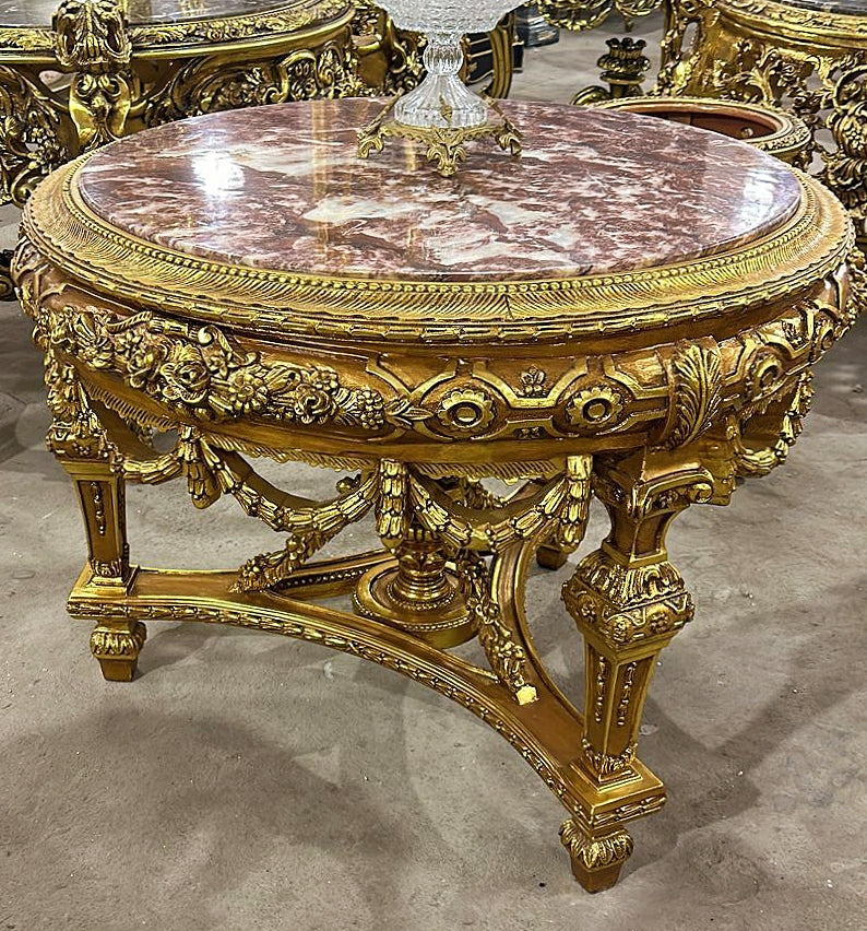 French Victorian Marble Top Center Table – Ornate Gold Finish