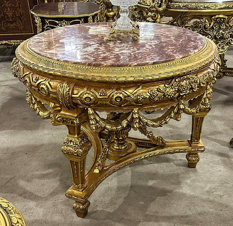 French Victorian Marble Top Center Table – Ornate Gold Finish