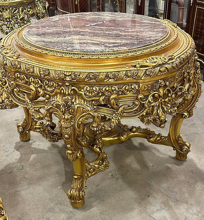 French Victorian Marble Top Center Table – Ornate Gold Finish