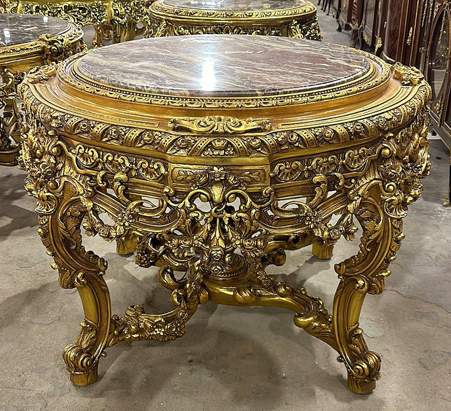 French Victorian Marble Top Center Table – Ornate Gold Finish