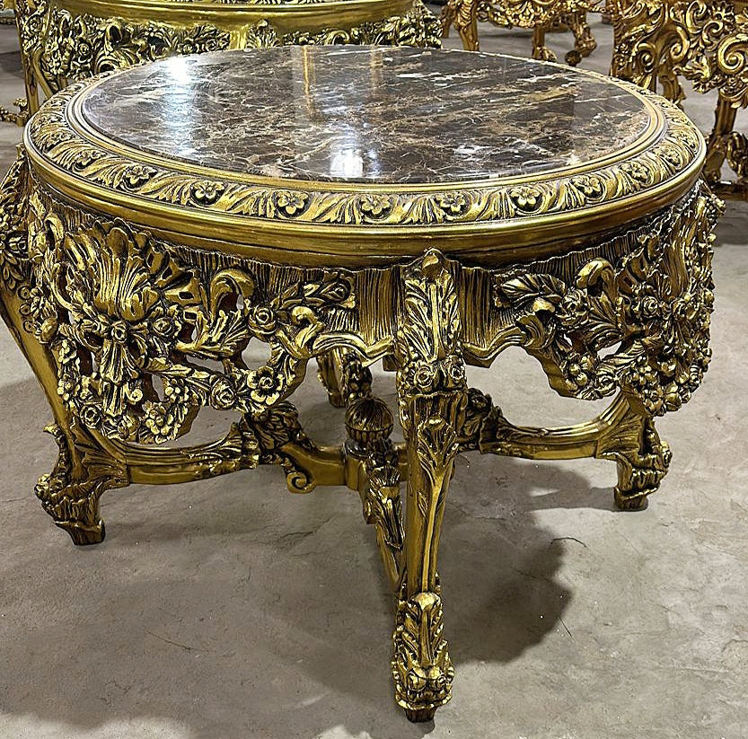 French Victorian Dark Marble Top Center Table – Ornate Gold Finish