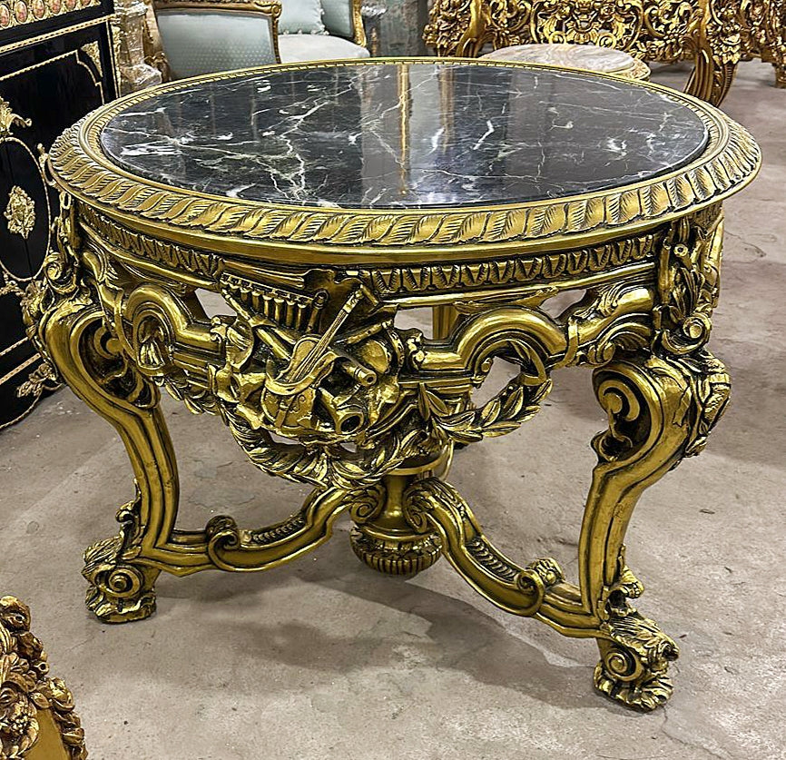 Elegant French Victorian Black Marble Center Table – Gold Leaf Accent Furniture