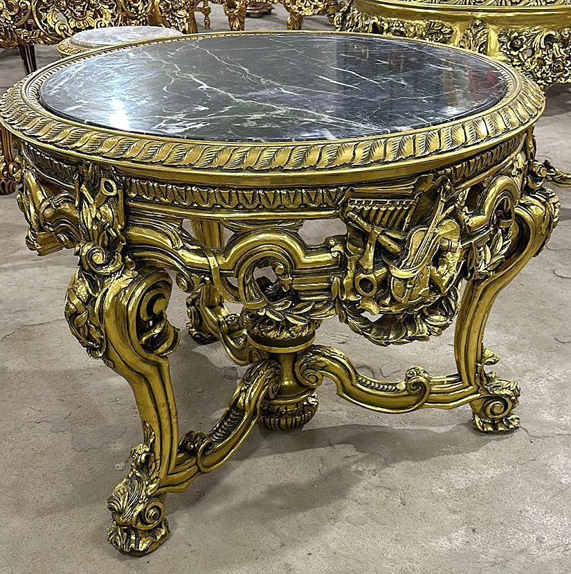 Elegant French Victorian Black Marble Center Table – Gold Leaf Accent Furniture