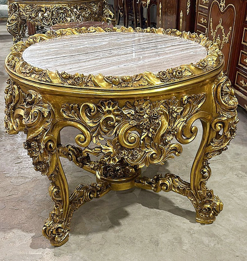 French Victorian Marble Top Center Table – Ornate Gold Finish