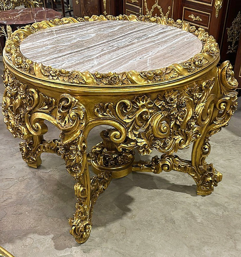 French Victorian Marble Top Center Table – Ornate Gold Finish
