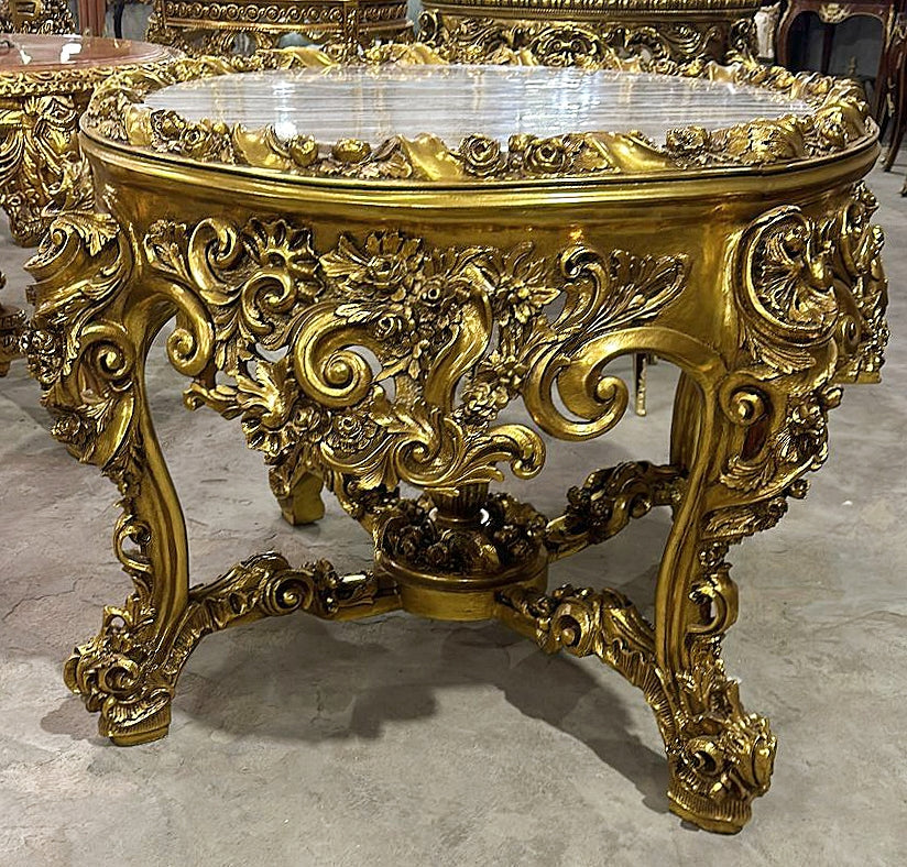 French Victorian Marble Top Center Table – Ornate Gold Finish