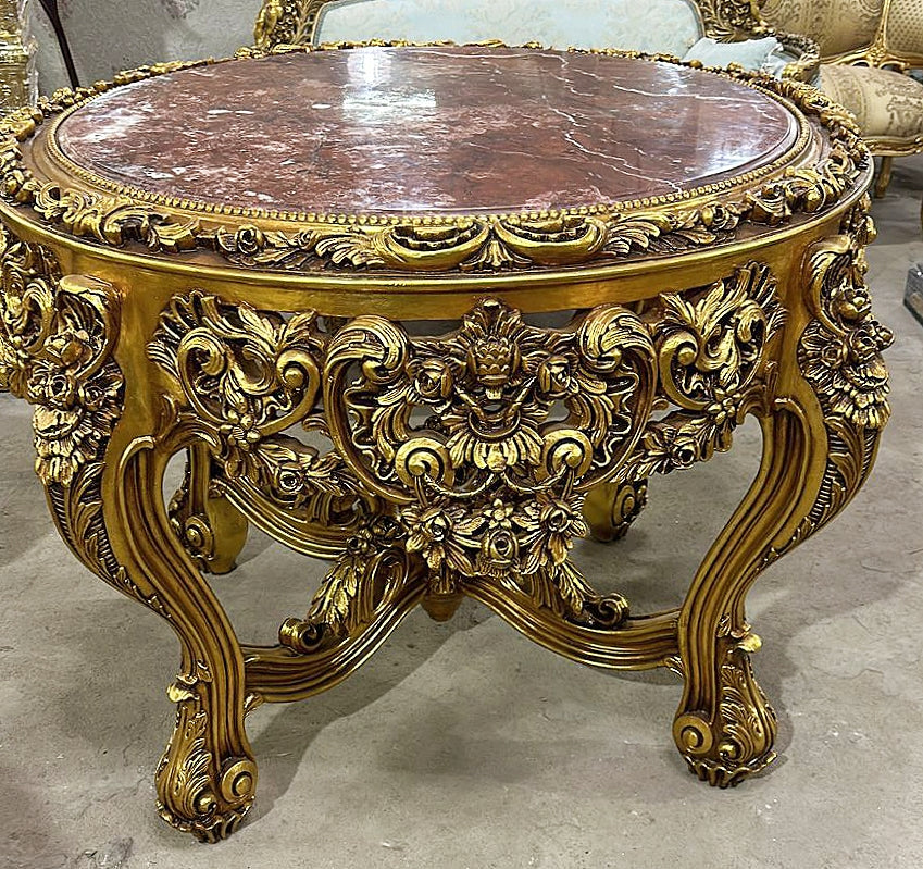 French Victorian Marble Top Center Table – Ornate Gold Finish