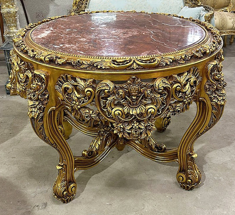 French Victorian Marble Top Center Table – Ornate Gold Finish