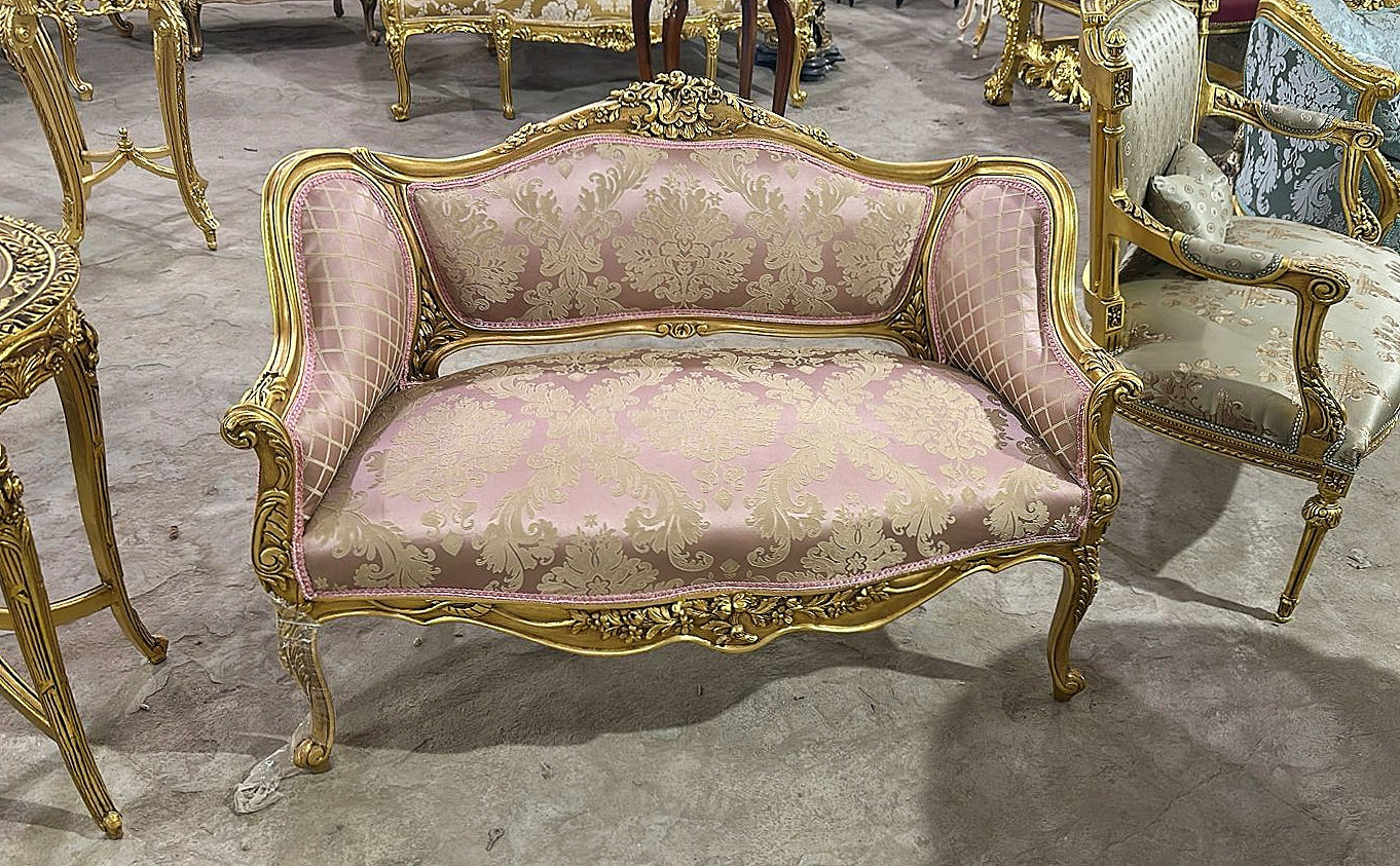 French Style Pink Damask Fabric Sofa Interior Design Gold Leaf Details