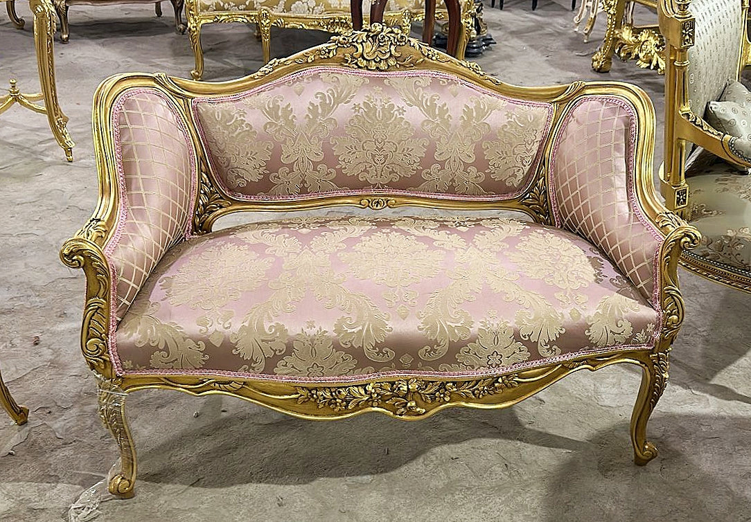 French Style Pink Damask Fabric Sofa Interior Design Gold Leaf Details