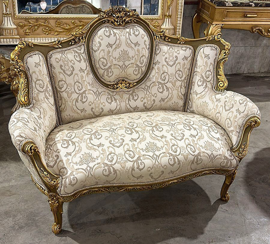 French Rococo Style White Sofa Color and Gold Leaf Details