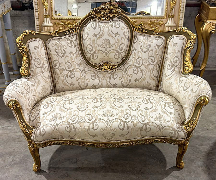 French Rococo Style White Sofa Color and Gold Leaf Details
