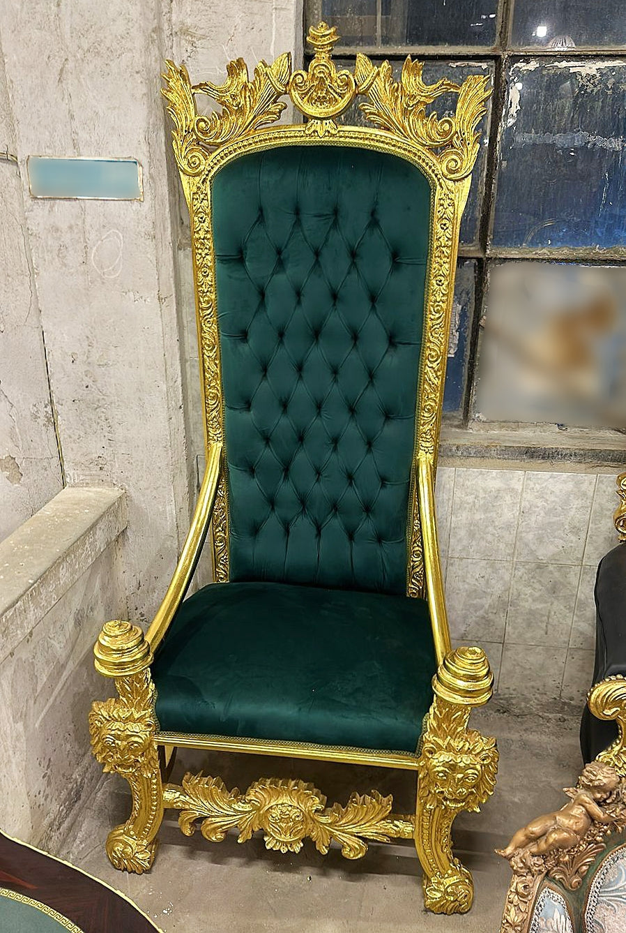 Baroque Style Green Velvet Big Throne Chair Tufted Gold Lion Details