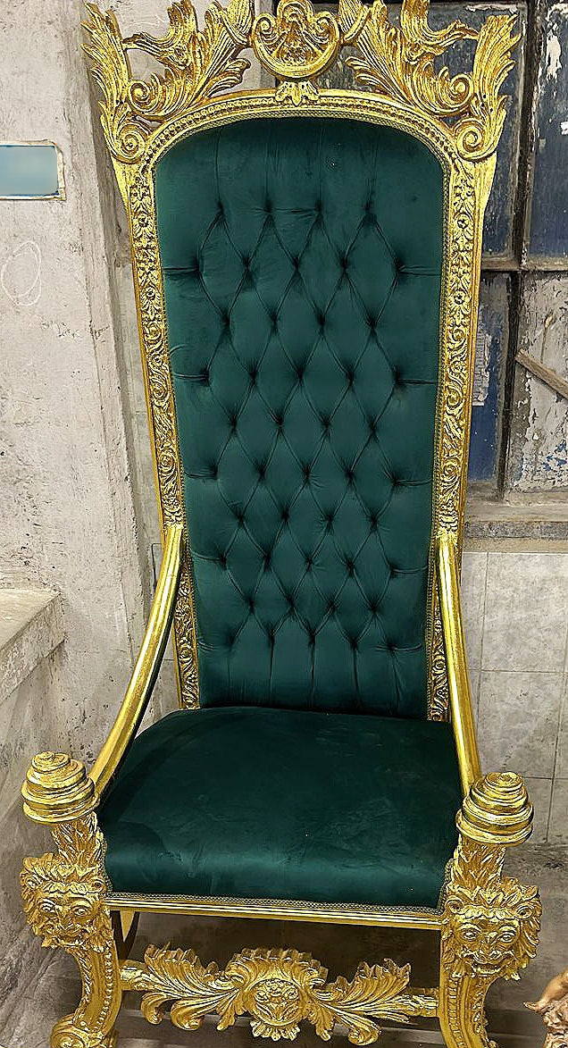 Baroque Style Green Velvet Big Throne Chair Tufted Gold Lion Details