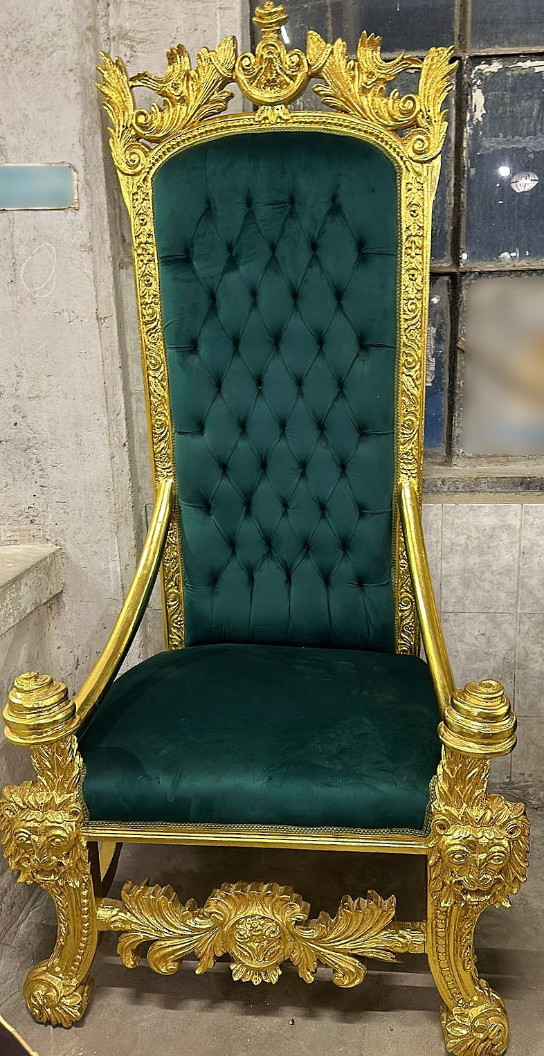 Baroque Style Green Velvet Big Throne Chair Tufted Gold Lion Details