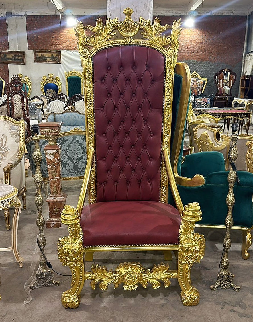 Baroque Style Red Wine Leather Big Throne Chair Tufted Gold Lion Details