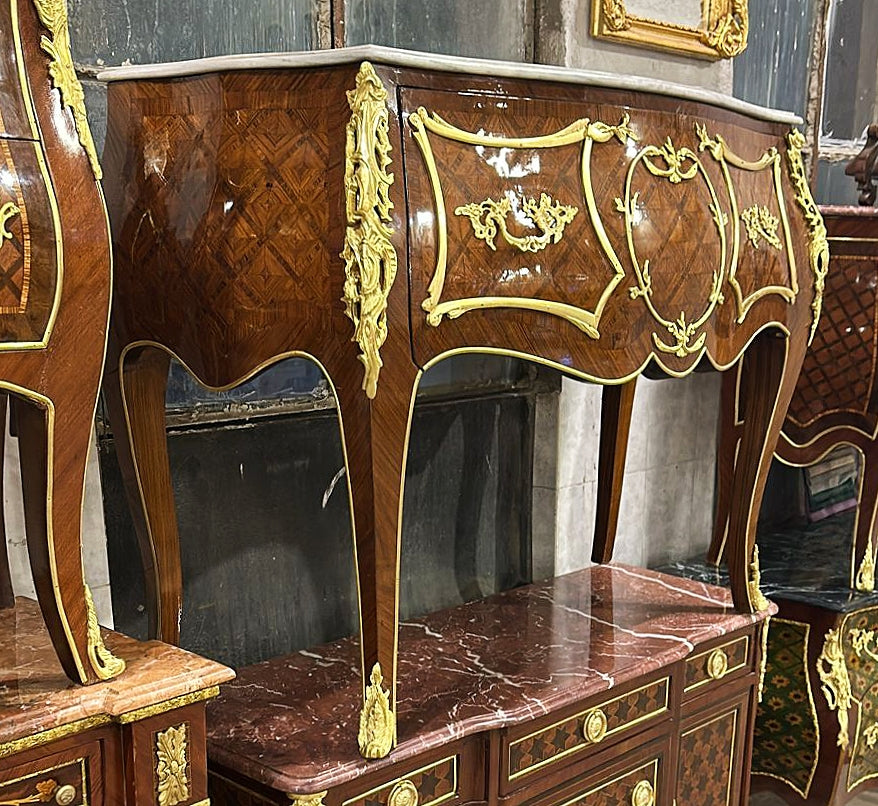 French Brown Chest of Drawers Louis XV Style Marble topped Furniture Gold Detail
