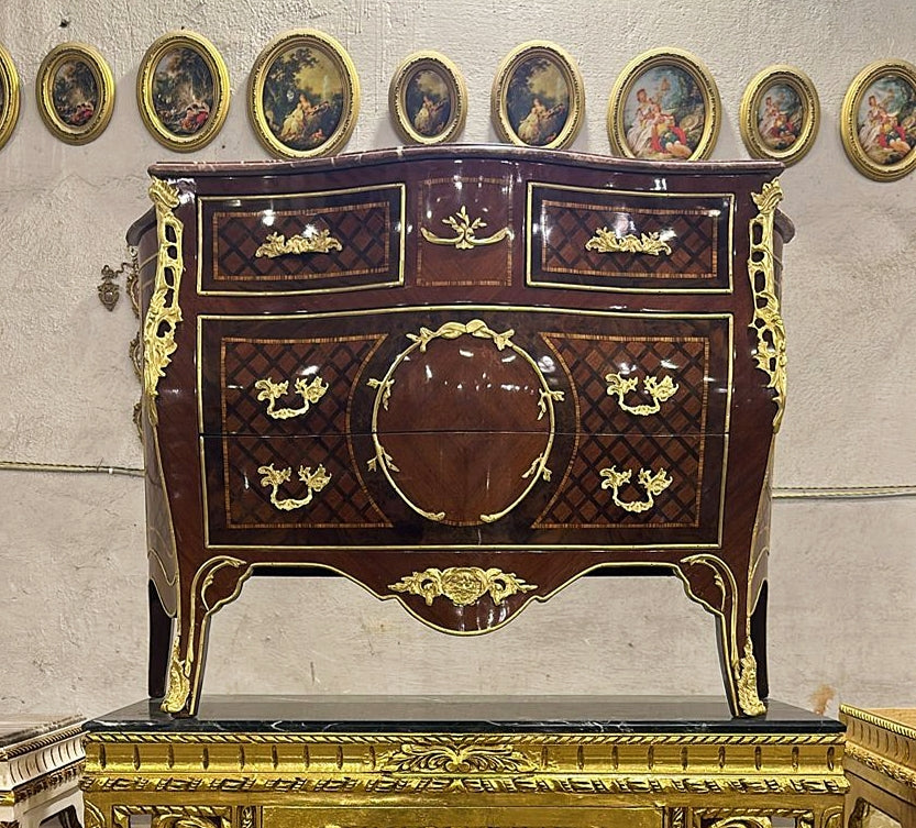 French Brown Chest of 3 Drawers Louis XV Style Marble topped Furniture Gold