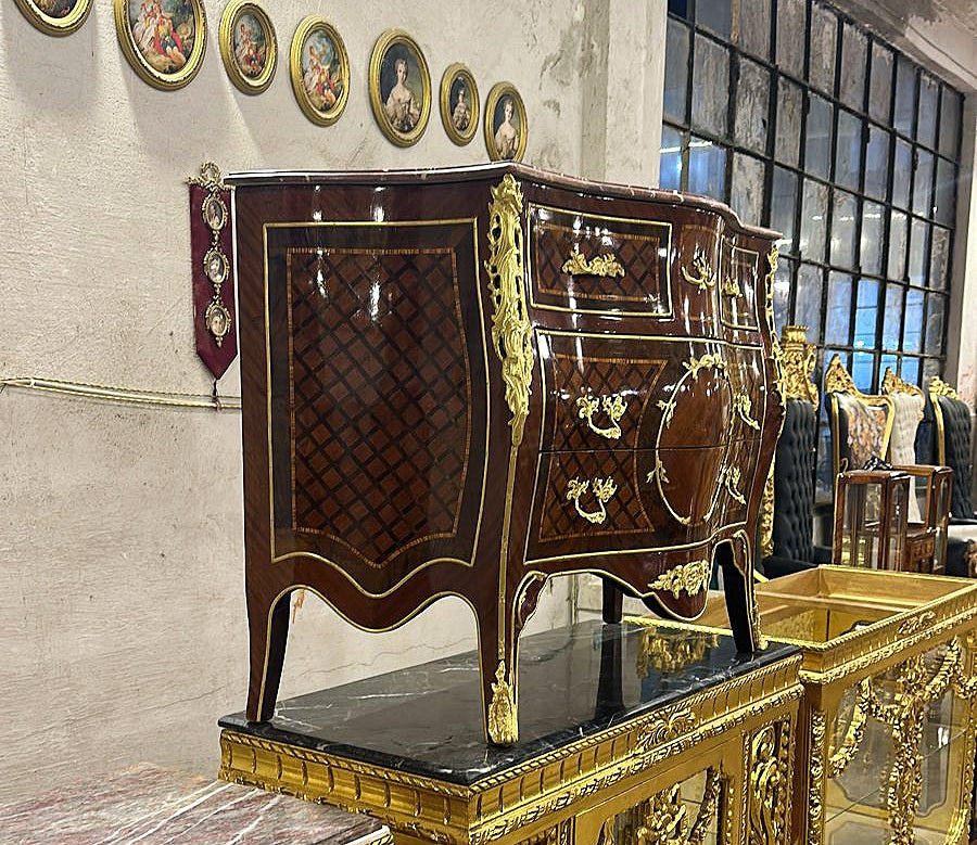 French Brown Chest of 3 Drawers Louis XV Style Marble topped Furniture Gold